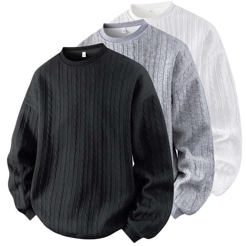 Men's Jacquard Cable Knit Round Neck Sweatshirt, Solid Color Casual Loose Long Sleeve T-Shirt, Made from High-Quality Fabric, Comfortable Base Shirt, Suitable for Home Wear and Everyday Use, Plus Size Sports T-Shirt