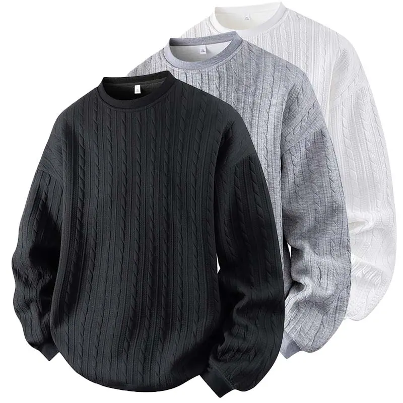 Men's Jacquard Cable Knit Round Neck Sweatshirt, Solid Color Casual Loose Long Sleeve T-Shirt, Made from High-Quality Fabric, Comfortable Base Shirt, Suitable for Home Wear and Everyday Use, Plus Size Sports T-Shirt