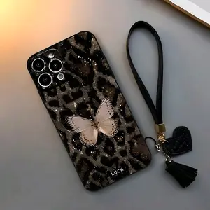 Leopard Butterfly UV Print Phone Case, Soft Tpu Protection, Heart Lanyard, Fits iPhone 17 16 15 14 13 12 11 Pro Max Plus, Gift Idea