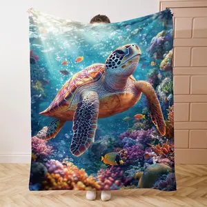Sea Turtle Pattern Flannel Blanket, Soft Comfortable Throw Blanket, Cool Bedroom Bedding Blankets, Warm Napping Blanket for Home Office Travel, Soft Fleece Blanket