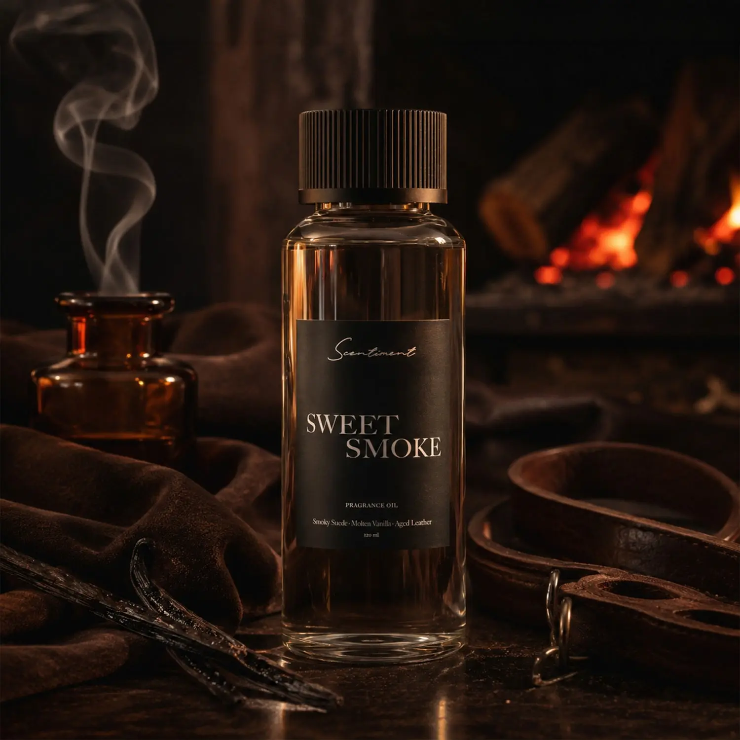 Scentiment Sweet Smoke Fragrance Oil - Supple suede, and Warm Bourbon with Molten Vanilla and Amber - leaving behind a deep, lingering warmth that fills the space beautifully.