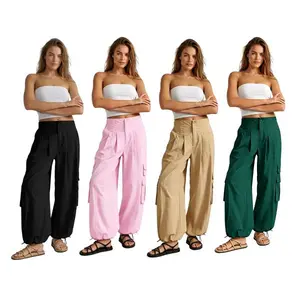 Fisoew Cargo Pants Women Wide Leg Elastic Waist Casual Y2K Barrel Parachute Baggy Pants Woman Trousers with Pockets