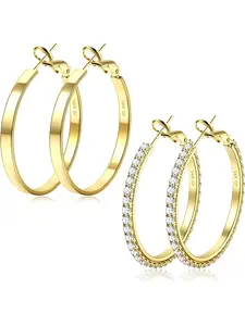 2 Pairs Big Gold Hoop Earrings for Women 14K Gold Filled Large Rhinestone Hoop Earrings Hypoallergenic 925 Sterling Silver Post Thin Gold Hoops Set Lightweight 30/40/50/60/70mm Statement Earrings