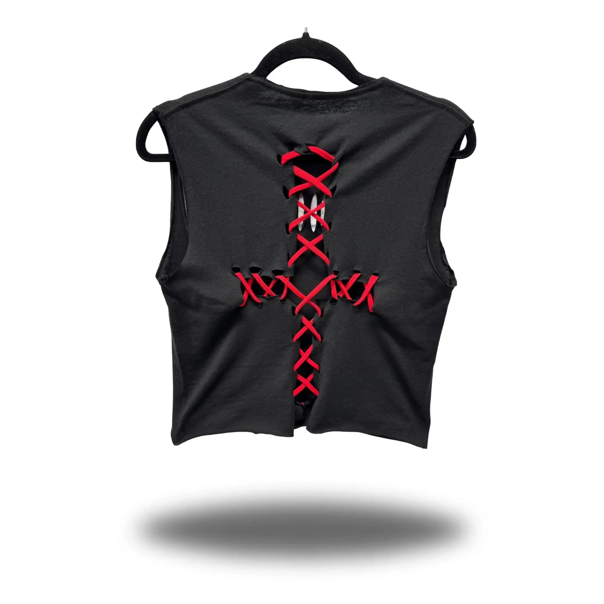 TheDriveClothing Road Rash Stitched Red Cross Black Crop Top – Unisex Y2K Streetwear Tee, Bold Black Cropped Shirt with Red Graphic, 100% Ring-Spun Cotton, Edgy Festival & Biker Outfit
