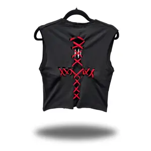 ROAD RASH STITCHED RED CROSS BLACK CROP TOP
