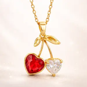 Dual Heart Cherry Zircon Non-Fading Clavicle Necklace - Quiet Luxury Trendy It Girl Ins Aesthetic Minimalist Playful Statement Jewelry accessories for women valentines gifts for gf