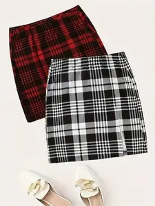 Elegant Fashion Preppy Plaid Checkered Fitted Short Skirt Set, 2pcs Stylish Half-Sleeve Dress, Perfect for Casual & Formal Occasions, Women's Clothing, Womenswear, for Lady