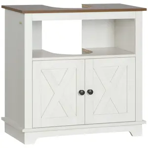 YYDS kleankin Farmhouse Under Sink Bathroom Cabinet, Pedestal Vanity Storage Cabinet with Double Doors and Storage Shelves, Bathroom Organizer, White