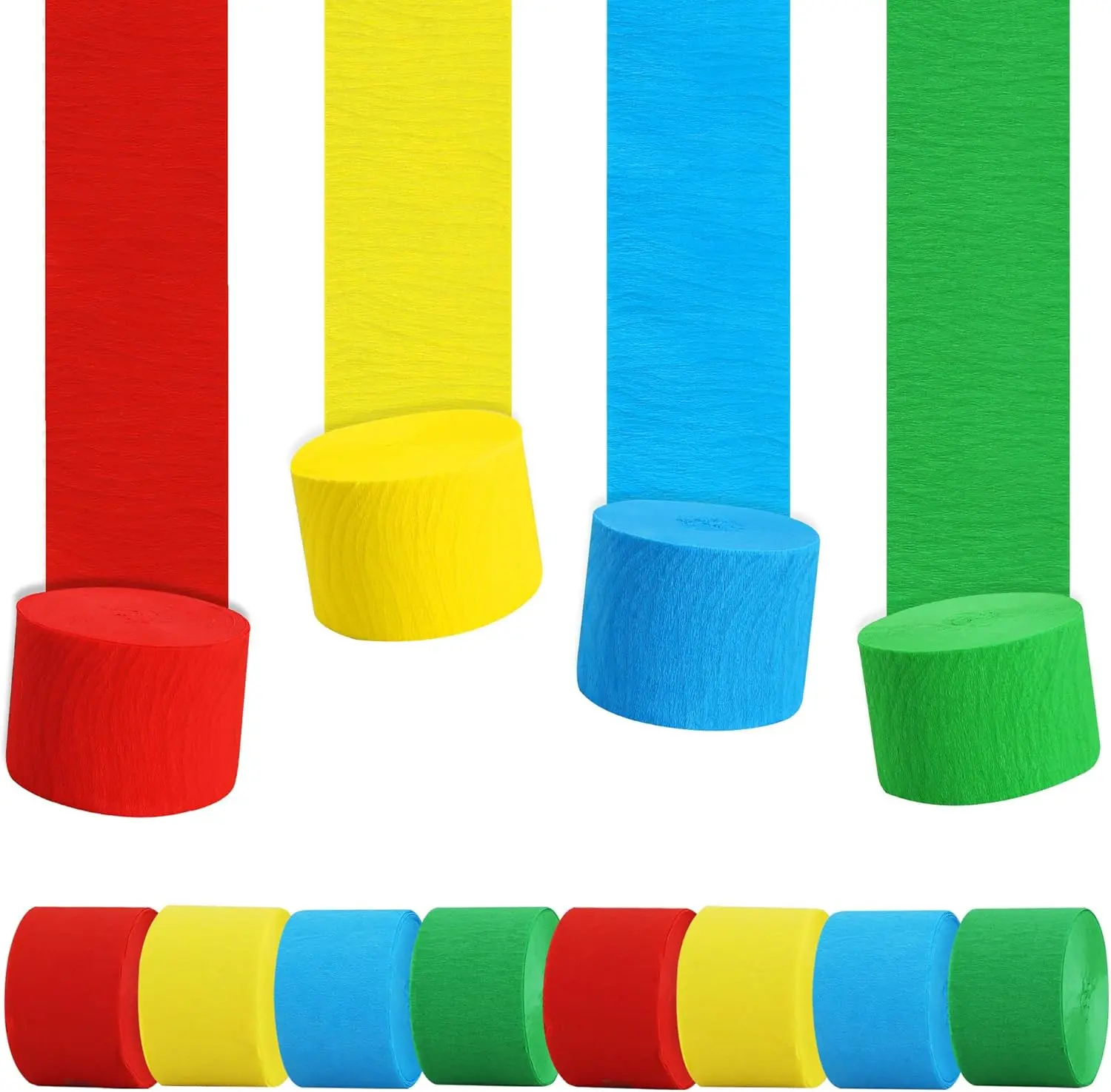 8 Rolls Red Yellow Blue and Green Crepe Paper Streamers for Carnival Circus Sesame Street Paw Party Decorations, Birthday DIY Craft Paper(1.8 Inch x 82 Ft/Roll)