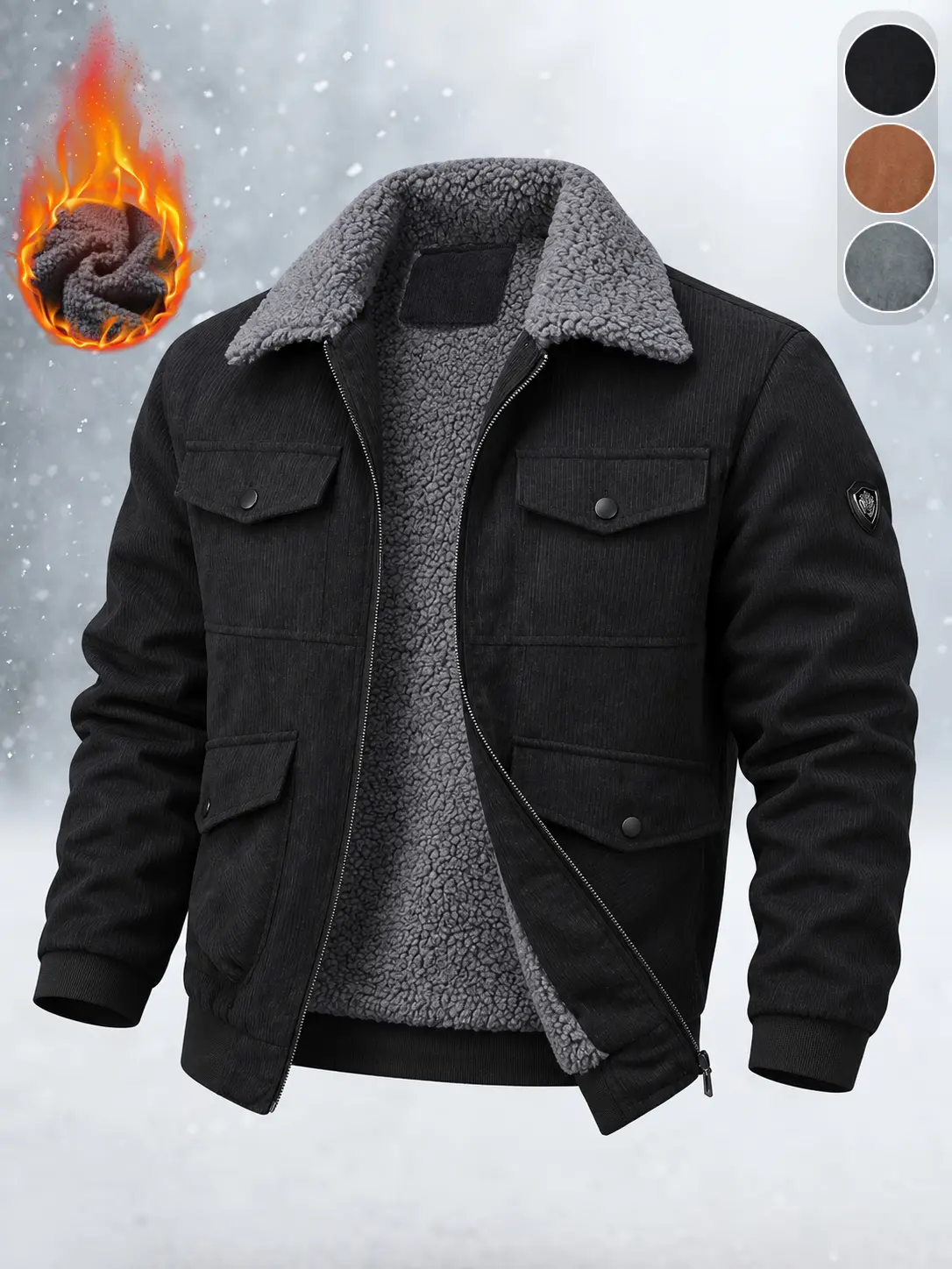 Menswear Plain Stylish Men's Corduroy Fleece-Lined Workwear Jacket - Windproof Outerwear, Multi-Pockets, Turn-Down Collar, Warm Winter Casual Utility Coat for Outdoor Daily Wear, Fall Cold Weather