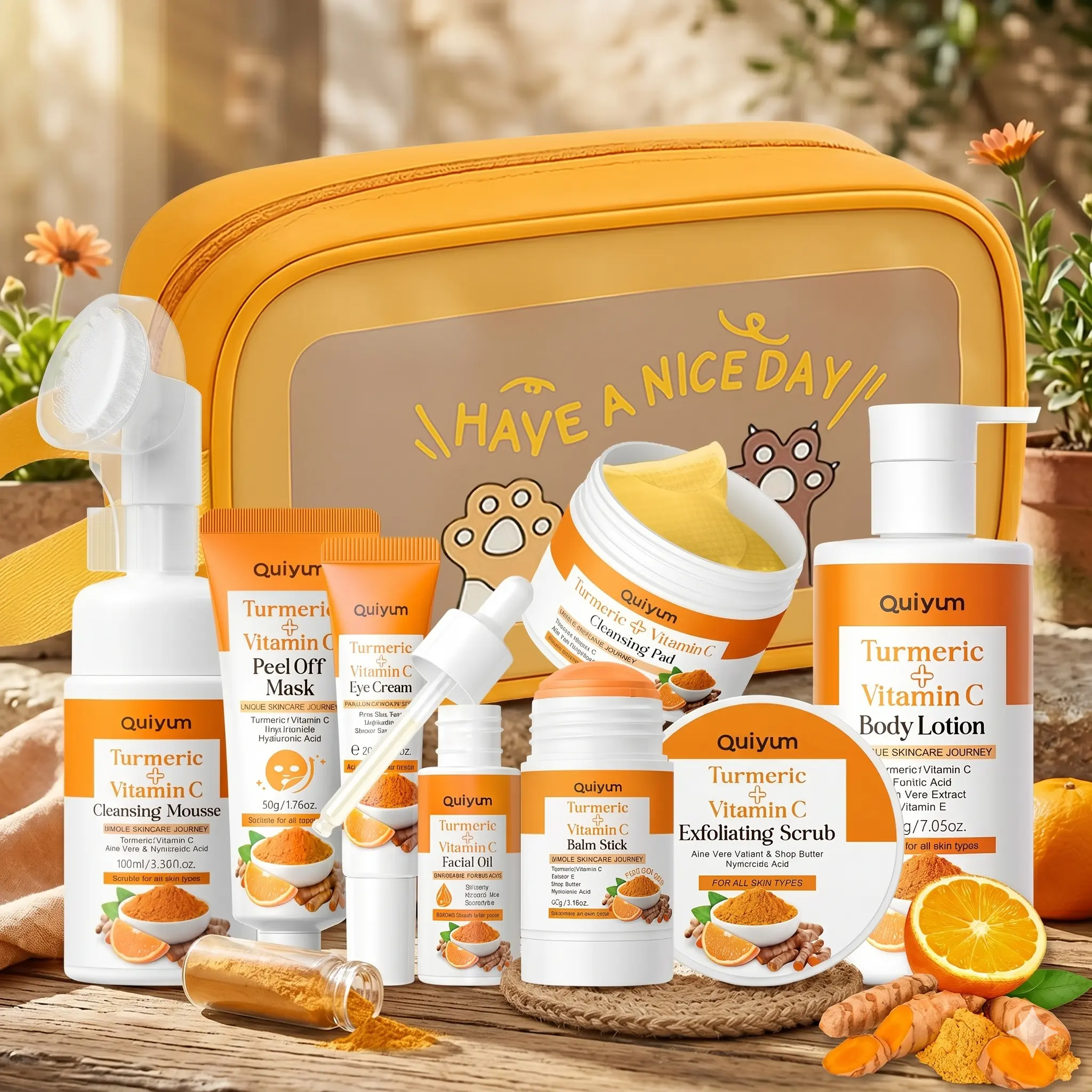Quiyum 10-Piece Turmeric Self Care Kit - Face & Body Brightening Bundle Combo Gift Box Set, Includes Cleanser, Serum, Scrub, Eye Cream, Body Lotion & Makeup Bag for Women’s Radiance Routine, Bundle Set Skin Care Kits, Combo Skin Care Kits