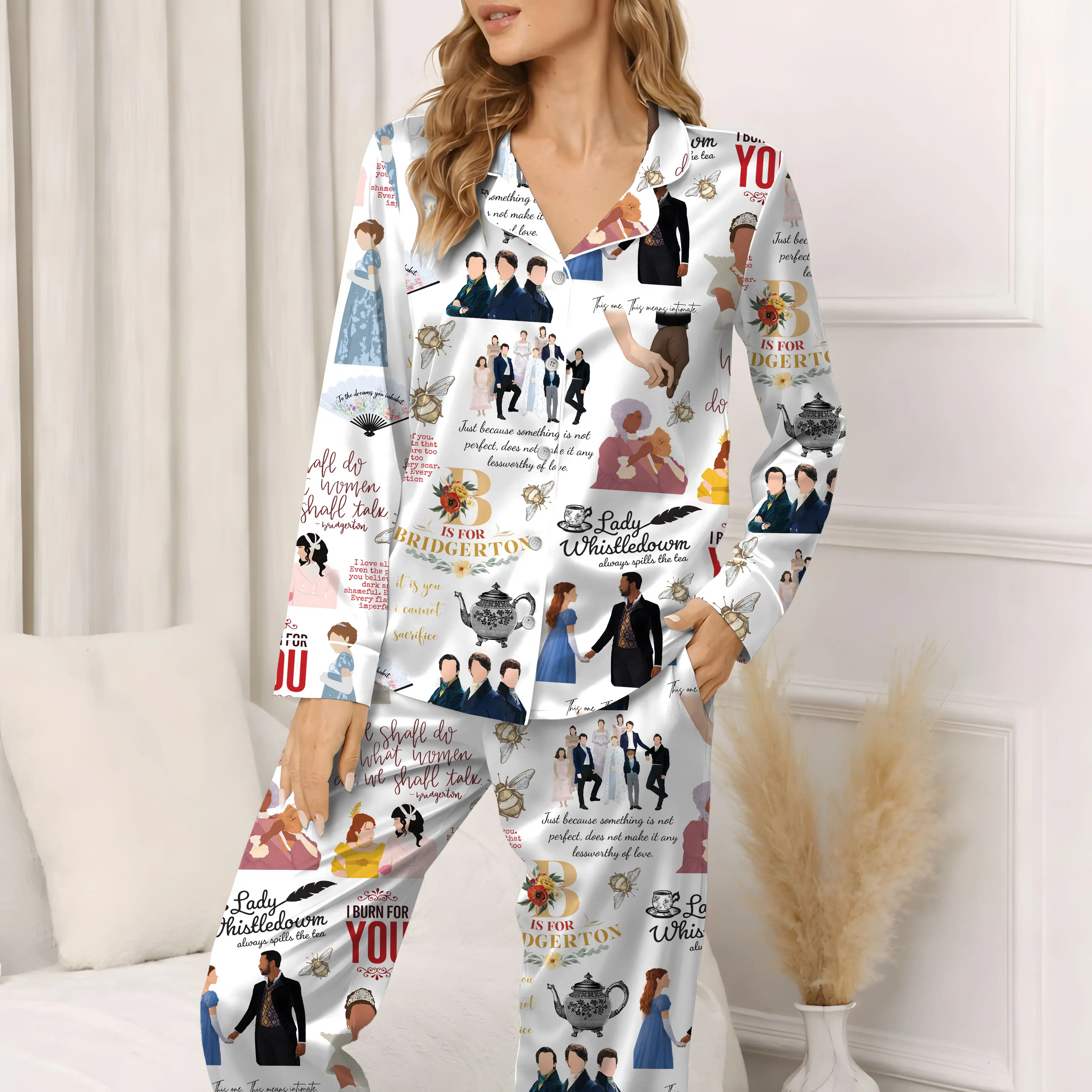 Spill the Tea Bridgerton Pajama Set, Lady Whistledown Inspired Sleepwear, Regency Era Button Up PJ Set, BookTok Nightwear Gift