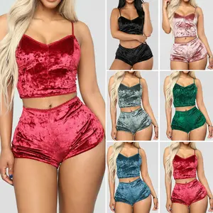 Women Sexy 2PCS Lingerie Set,Solid Color Sling Crop Top, Short Elastic Band Pants, Summer Sleepwear Set
