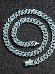 Popular European and American Cuban Chain, Unique and Versatile Two-Tone 9mm Alloy Rhinestone Hip-Hop Necklace, Cuban Link Chain