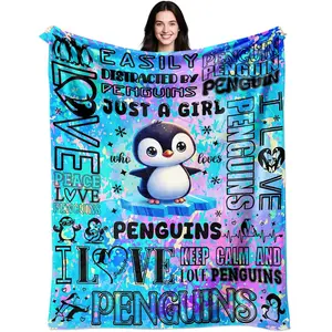 1pc Penguin blanket, a gift for penguin lovers, a soft and comfortable blanket, suitable for girls, boys, and adults. Flannel blanket. Lightweight Cozy Blanket