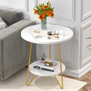 TRIBEWOOD Faux Marble End Table, 2 Tier Round Side Table with Shelves, Modern Gold Nightstand Bedside Table Small Coffee Accent Table for Living Room Bedroom