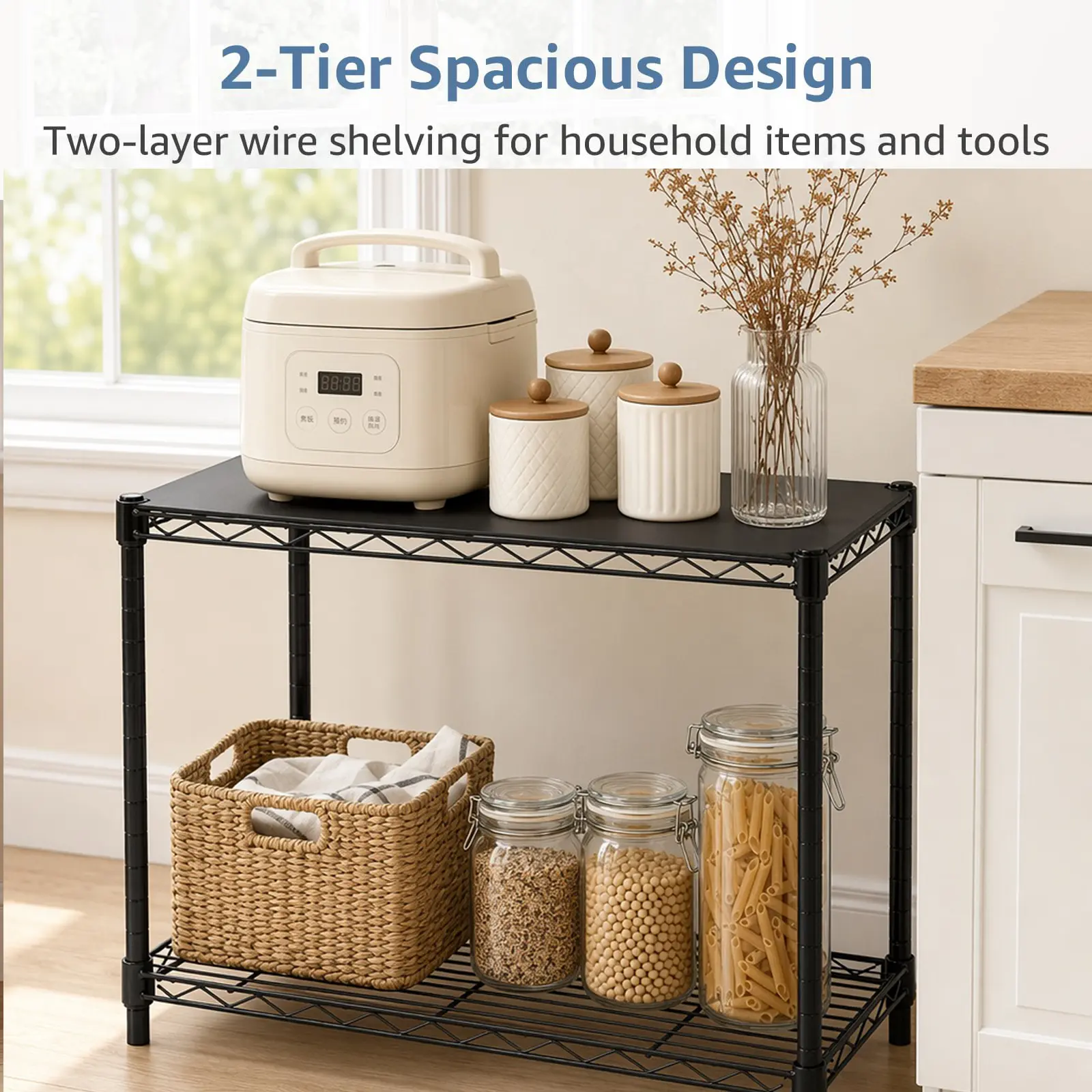 2-Tier Metal Wire Storage Shelves, Adjustable Standing Storage Rack Shelf, Heavy Duty Steel Shelving Unit Organizers for Kitchen Bathroom Pantry Garage, 23.2" Wx13.4 Dx22.2 H, Black