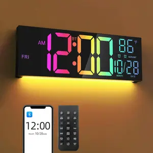 16.5" Digital Wall Clock with  Auto-Sync, Large LED Display,  Auto Dimming, DST, Remote Control, Night Light, Date & Temperature for Living Room, Black