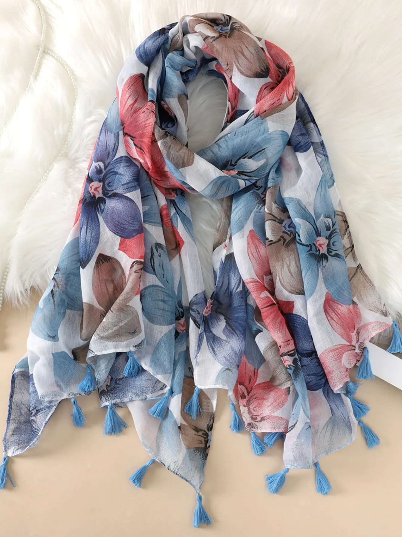 Women's Elegant Fashion Scarf, Fresh Floral Pattern Tassel Decor Boho Style Shawl with Fringe Design, Hijab for All Seasons, Floral Headscarf, Floral Print Shawl, 90x180 Cm
