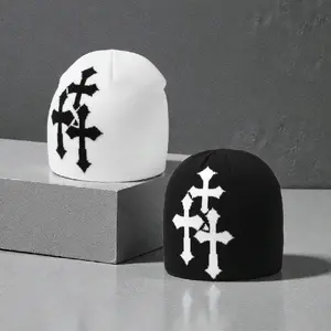 Gothic Cross Knit Beanie Unisex Punk Skull Cap Black & White Winter Hat Soft Stretchy One Size Fits Most Trendy