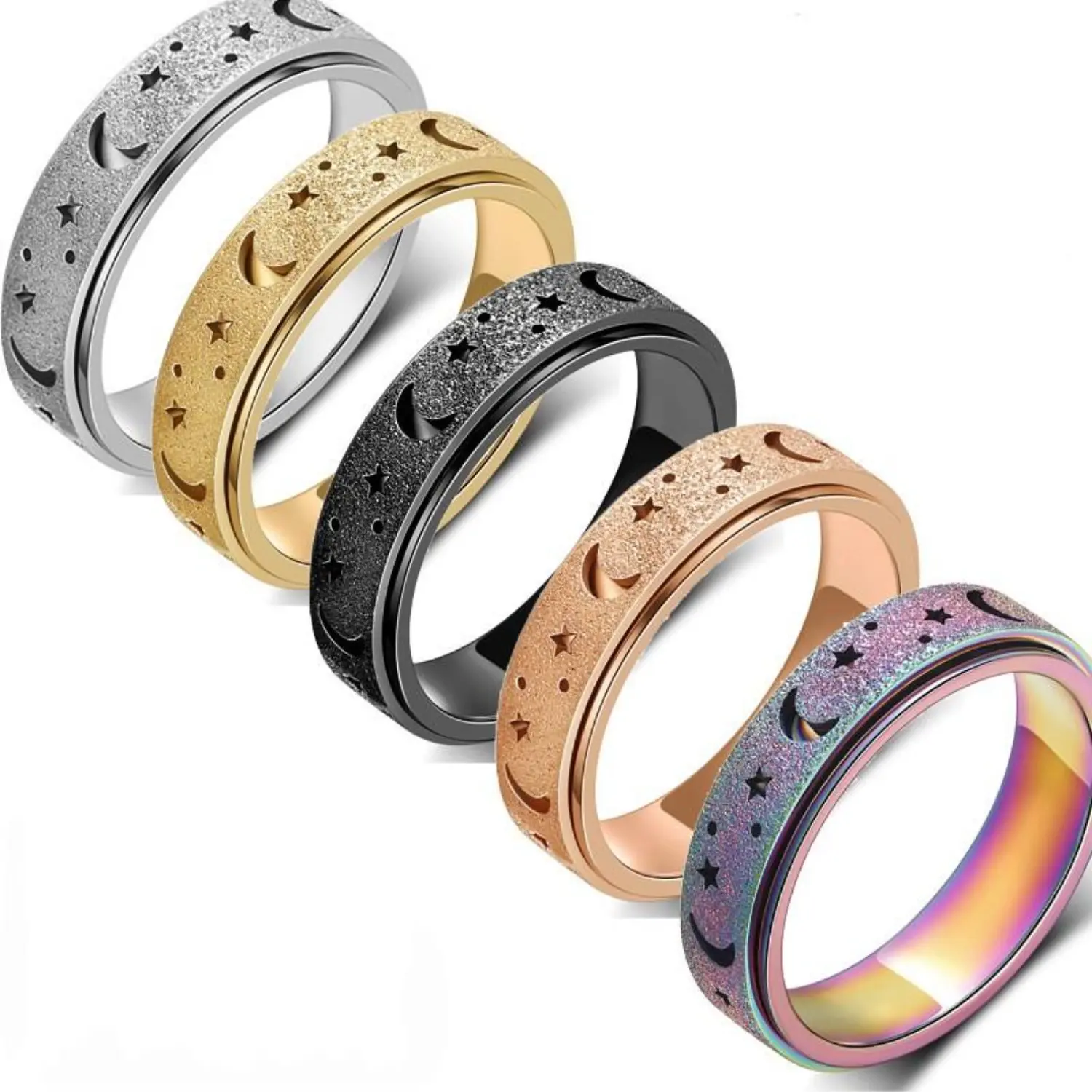 FLORIDECO 5-Piece Multi-Color Stainless Steel Spinning Ring Set, 6mm, Sizes 5-13, Unisex Wear, Stackable Ring for Anxiety Relief, Unique Artificial Gemstone Jewelry Accessory, Unique Rings, Spinning Rings