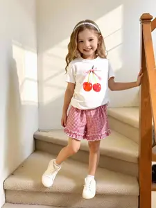 Girls' Summer Korean Style Loose Fit Cute Short Sleeve Top Two-Piece Set, Brand Name Casual Academy Wind T-Shirt Suit, Clothing Set