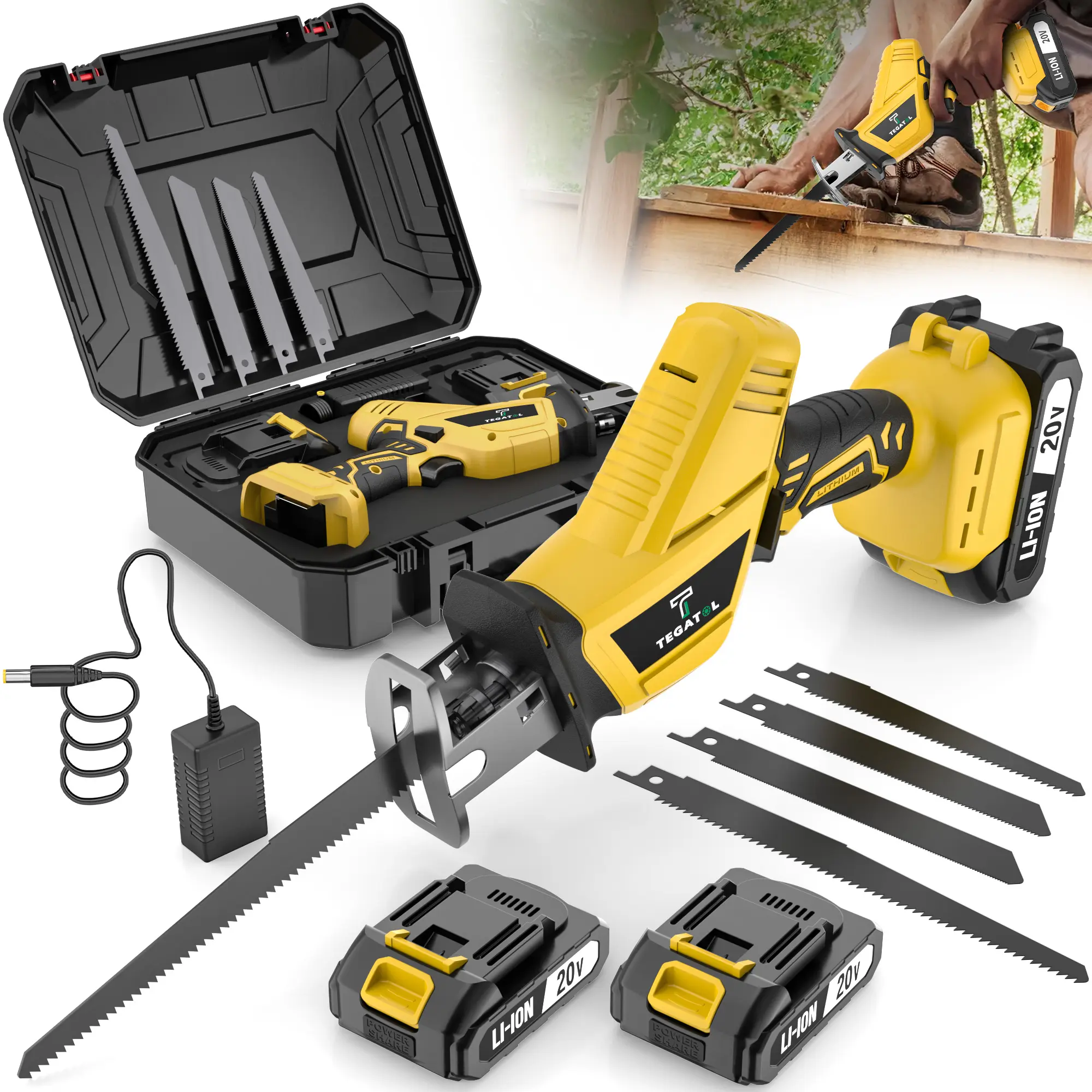 Tegatok 20V Cordless Reciprocating Saw, 0-3000 RPM No-Load Speed, 80mm Maximum Cutting Depth, 4 Replacement Blades, Tool Case Included, Portable Heavy Duty Power Saw for Wood, Metal, PVC Plastic Cutting