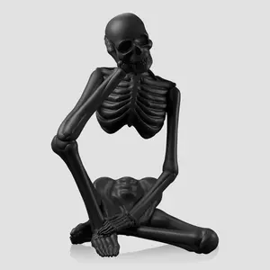 X-SO44 Thinker Statue Decor, Resin Sculptures Whimsical Home Decor, Black Skeleton Skull Abstract Aesthetic, Collectible Figurines for Table Office Shelf Decor Artistic Halloween
