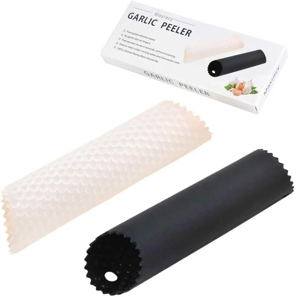 2-Set Silicone Manual Garlic Press Peelers - 13x3.5cm Easy-Roller Tube, Durable Odor-Free Kitchen Utensils with Extra Large Hopper (Black, Clear)