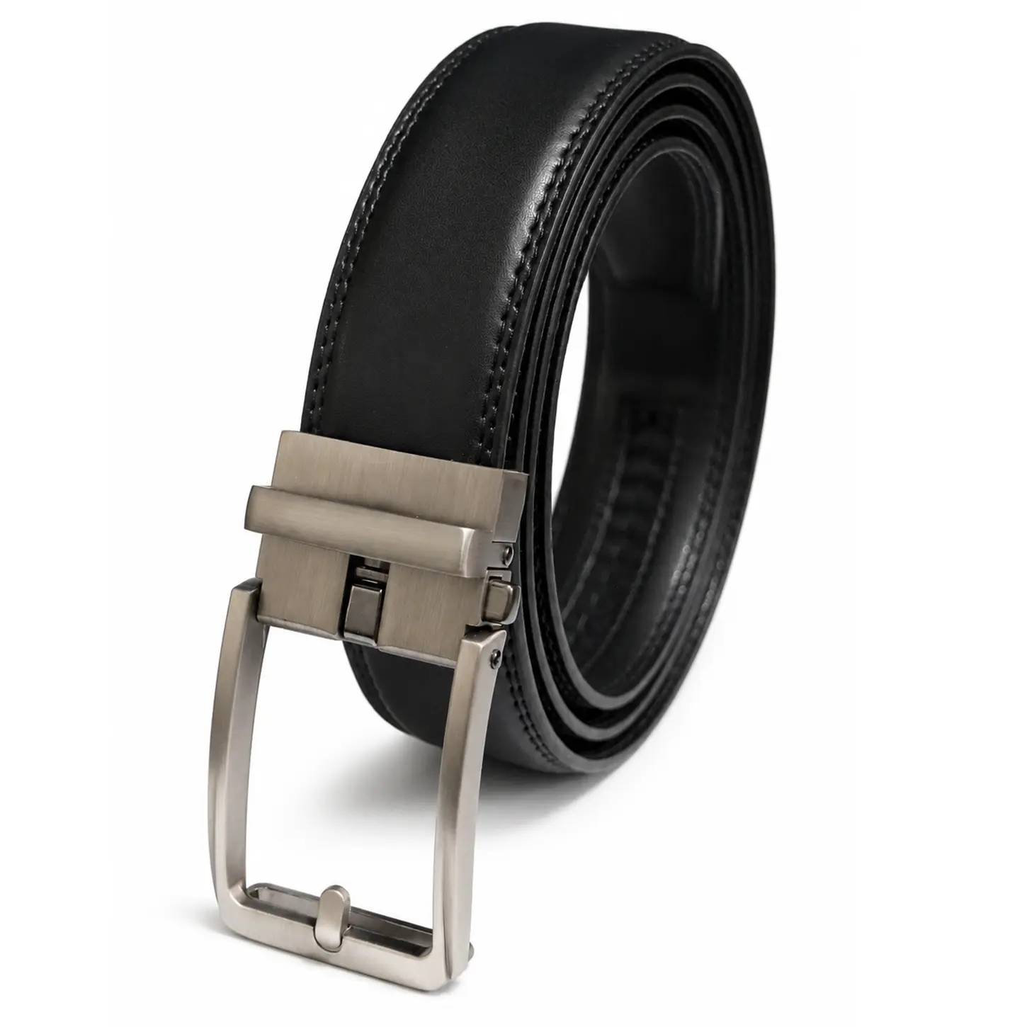 VGQMBU Men’s Split Leather Pin Buckle Style Ratchet Belt, Adjustable Automatic Buckle No-Hole Belt, Trim-to-Fit Business Casual Waist Belt