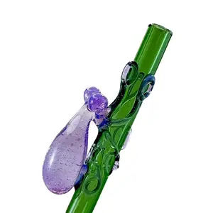 Glass Straw. Artistic hand blown emerald green straw with flamework pink Slyme octopus Drinkware Reusable