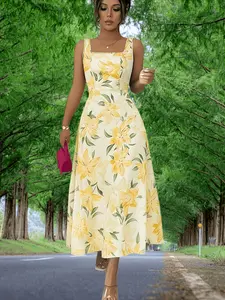 Elegant Women's Sleeveless Floral Printed Dress, V-Neck, Fitted Waist, Spring/summer, Polyester and Spandex Blend, Casual, Party, Home Wear