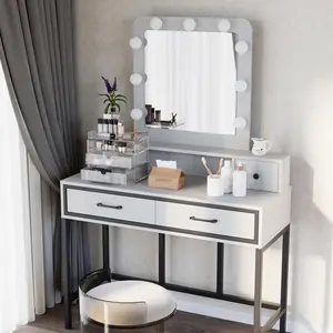 RoyalCraft L Makeup Vanity Desk with 9 Bulbs & Large Lighted Mirror, Vanity with 4 Drawers, 3 Lighting Color Adjustable, Large Dressing Table for Bedroom.