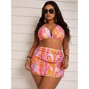 2026 New Curvy-Friendly 2-Piece Bikini Set, Pink and Orange Liquid Marble Print Halter Top with Crystals and Ruched Skirt, Mesh Bathing Suit for Beach, Spring Glow, Bikini Sets