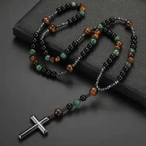 Men's Cross Necklace, Long Chain, Natural Tiger's Eye Pendant, Religious Jewelry, Gift for Him, Birthday Gift, Fashion Accessory