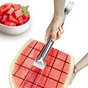 2-Pack Watermelon Fork Slicer, Dual Head Stainless Steel Fruit Cutter, 2-in-1 Slicing Tool, Round Handle Watermelon Knife, Portable Fruit Prep Gadget for BBQ, Picnic, Summer Fruit Salad