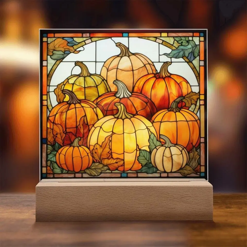 Stained Glass Fall Pumpkin Patch Acrylic Plaque and Nightlight, Fall Decor, Fall Decorations, Halloween Decor