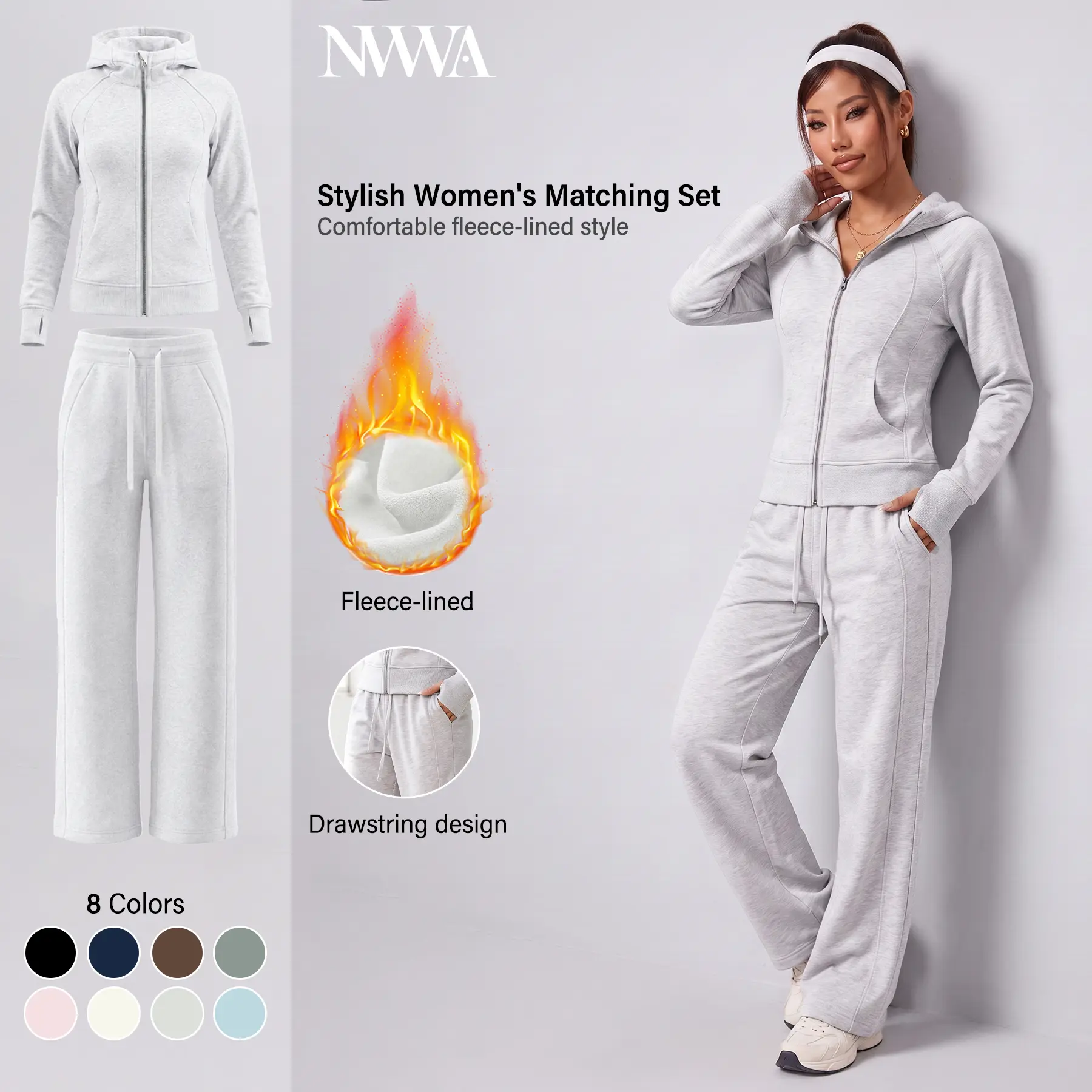 NVWA Women's Fleece Zip Up Hoodie or Wide Leg Sweatpants, Sold Individually, Woman 2 Piece Set Style, Thick Warm Athletic Loungewear, Cozy Fall Winter Outfits