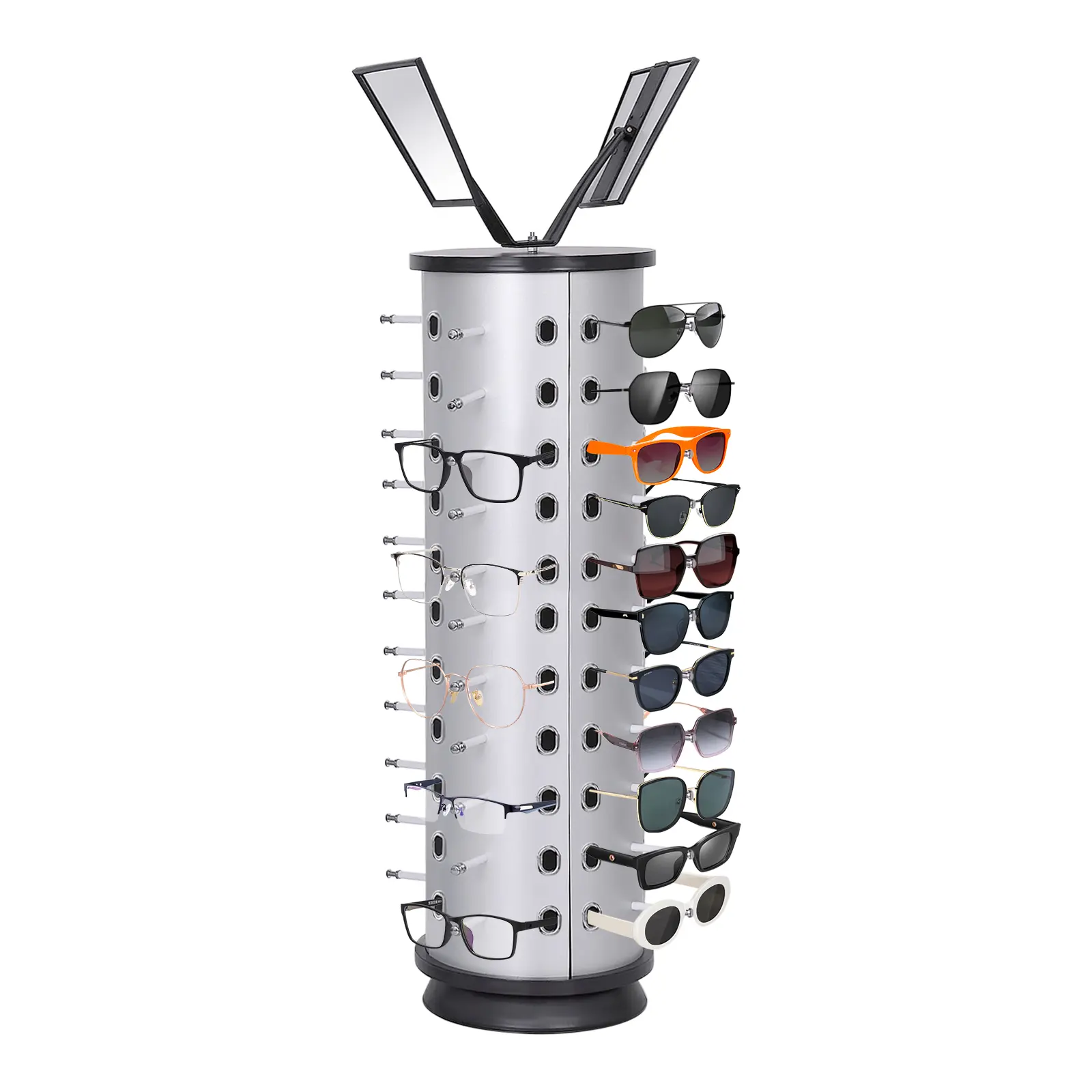 Cylindrical Eyeglasses Organiser Stand - 360° Rotatable, 3.66kg/8.07lbs Sturdy Lightweight Aluminum-Plastic Rack, Adjustable Mirrors, 44-Pair Capacity, Floor Mount Type, Space-Saving Home Organizer for Retail Shops, Father Gift, 360 Degree Rotation Racks