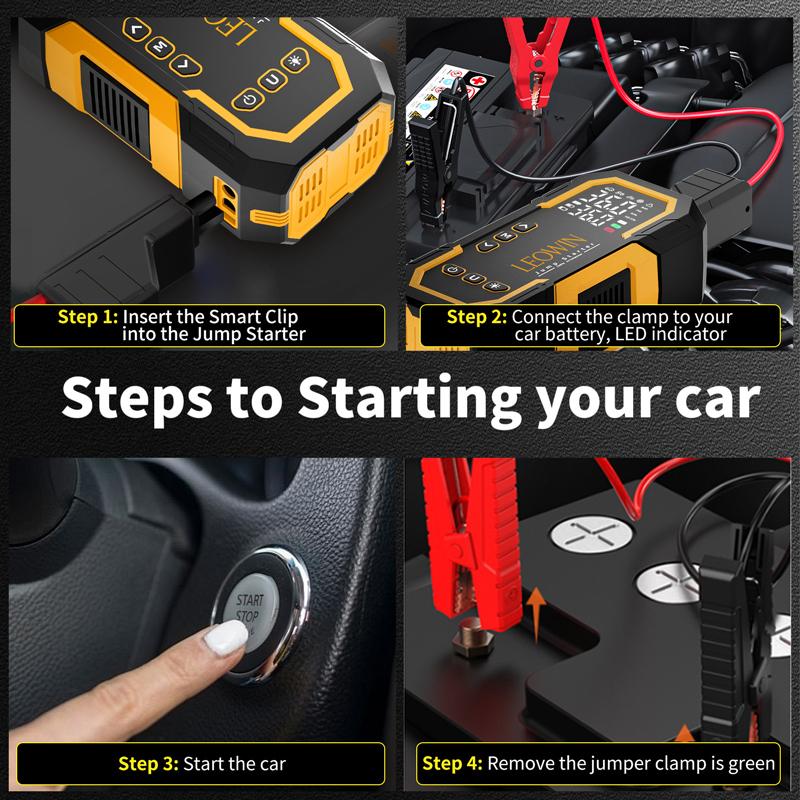 Jump Starter with Air Compressor, Battery Jumper Starter Portable(9.0 Gas/6.5L Diesel) with Tire Inflator, 12V Car Battery Jump Starter with Smart Jumper Cables, LED Light, LCD Display, Car Accessories Tools