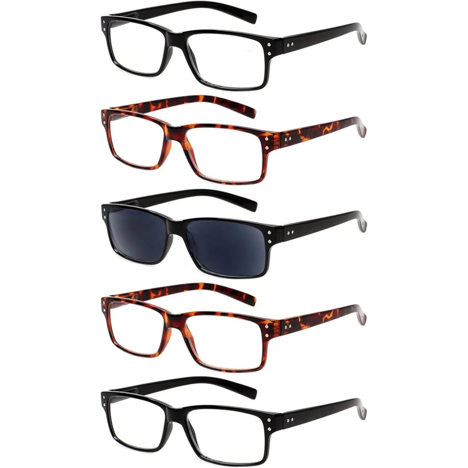 Unisex Adults' High Quality Eyewear 5-Pack Multi-Pack, +1.25 Plastic Reading Glasses with Stylish Rectangular Frames & Spring Hinges, 2 Black 2 Tortoise 1 Sun Reader, Female-Friendly, Satisfaction Assurance
