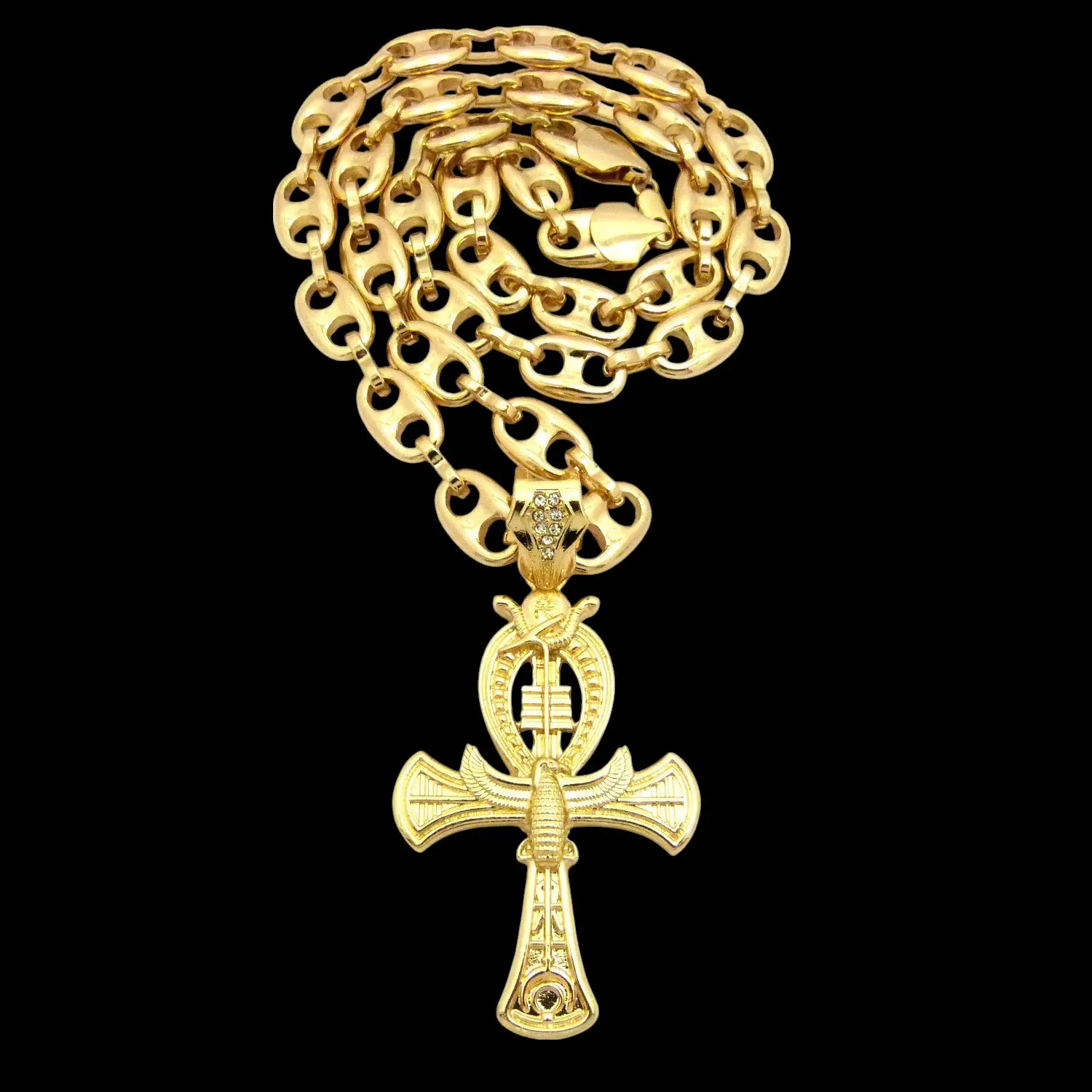 MaxBling81 Hip Hop Iced Out Ankh Cross Design Pendant, Gold/Silver Plated Cubic Zirconia Necklace with 12mm Mariner Chain, 20/24/30in, Ankh Necklace