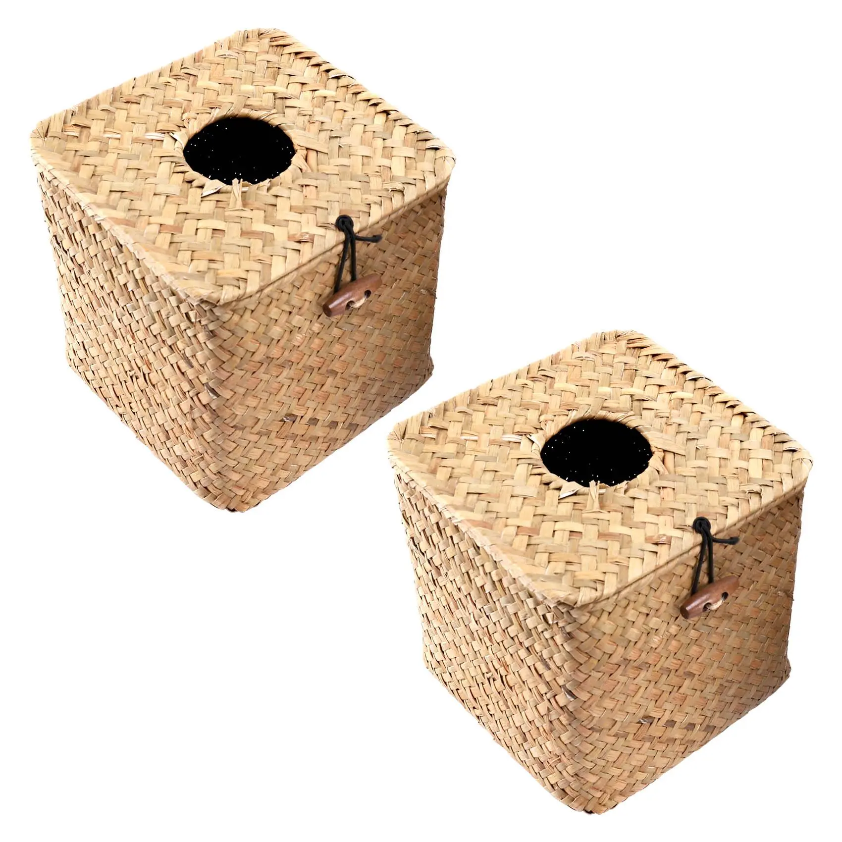 2-Pack Square Seagrass Metal Facial Tissue Box - Decorative Woven Paper Holder - Straw Napkin Dispenser Cover