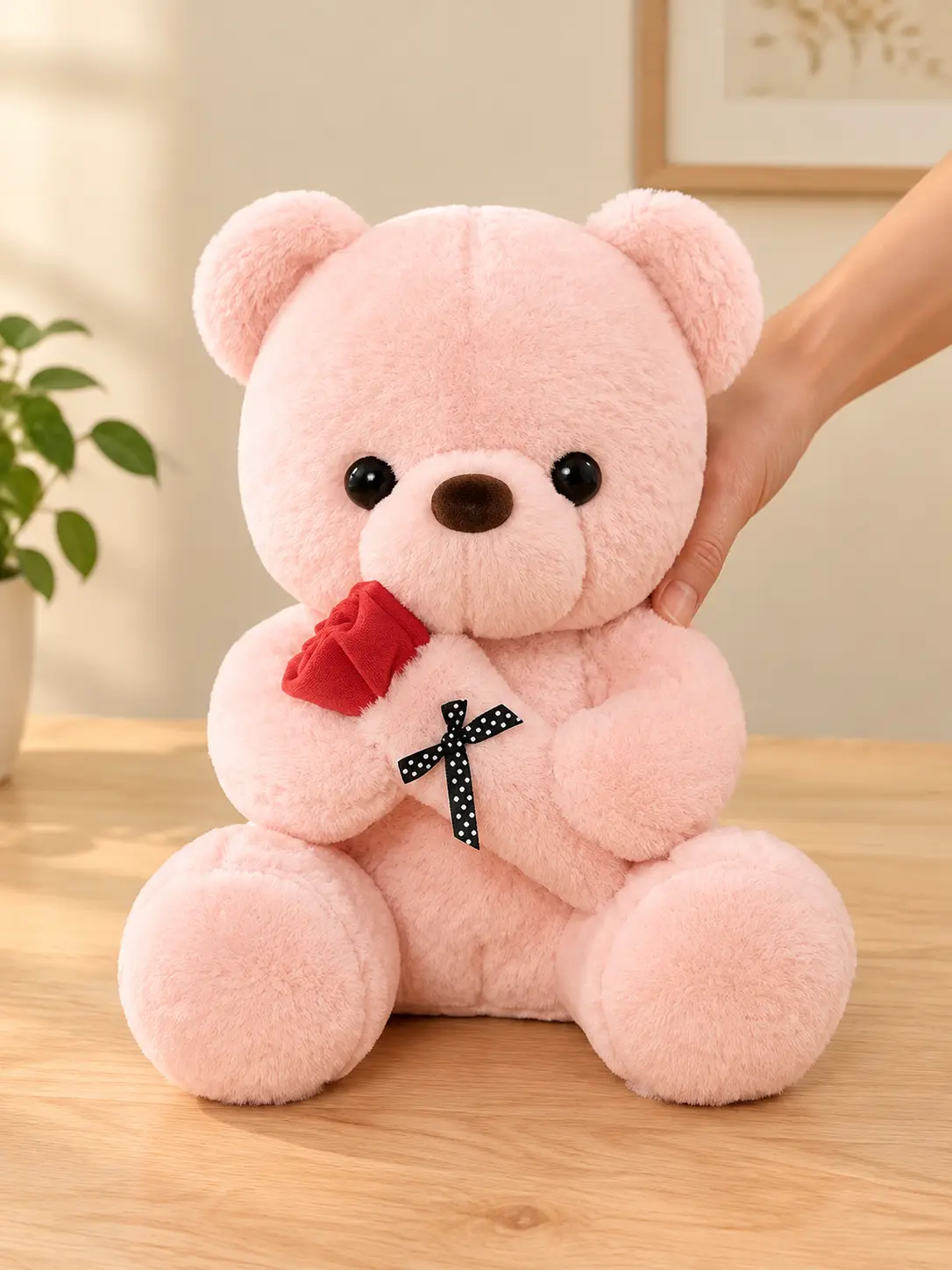 35cm Stuffed Teddy Bear Holding Red Rose - Valentines GF Gift, Girlfriend Gift for Ages 12+