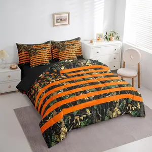 Orange Camouflage Bed in a Bag American Flag Comforter Set 7 Pieces Camo Military Style Tree Branches Bedding Set Botanic Bed Set with Comforter,Sheet Set,Pillowcases