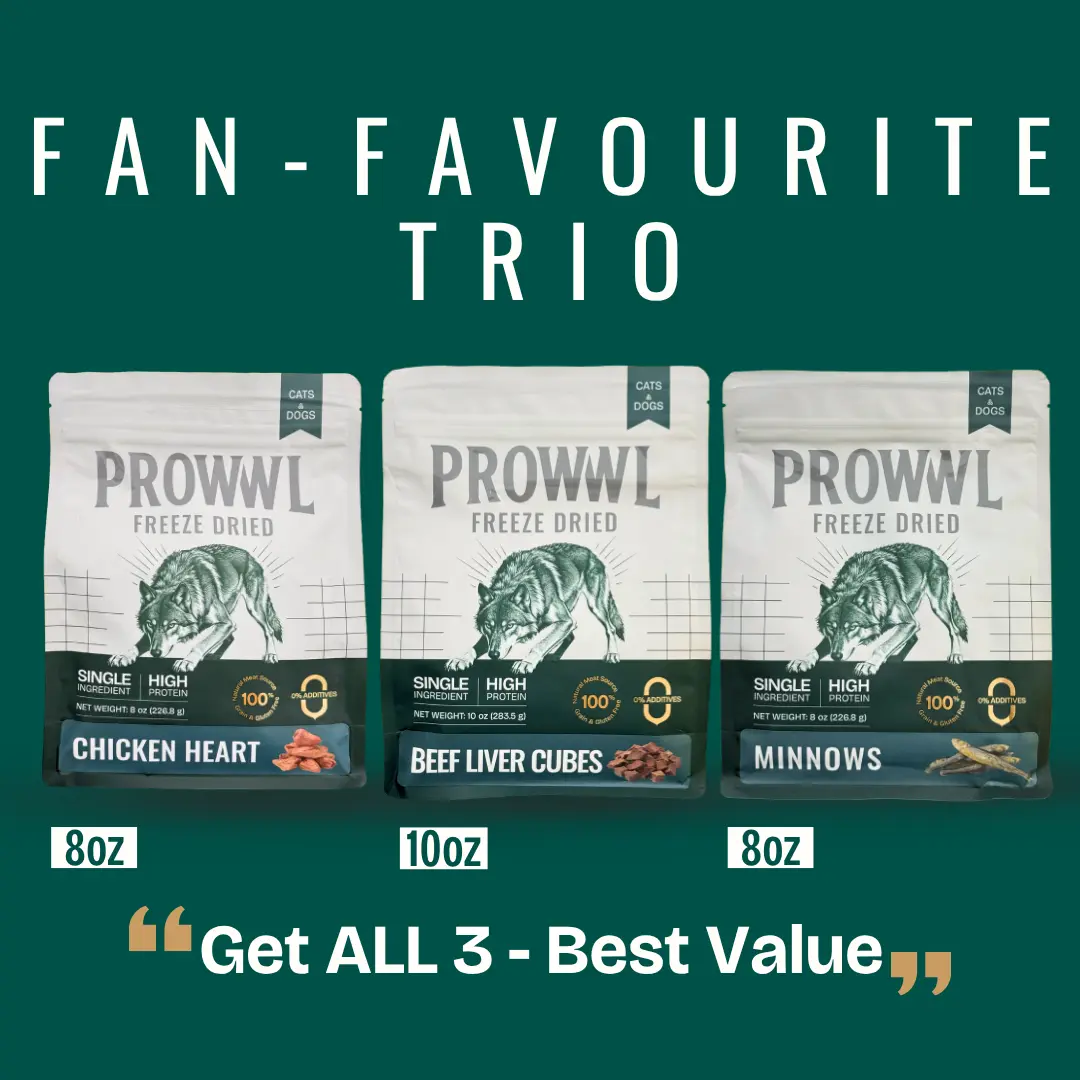 [PROWWL Fan Favorite Trio] - Freeze-Dried Beef Liver 10oz, Chicken Heart 8oz & Whole Minnows 8oz, High-Protein Dog & Cat Treat Bundle