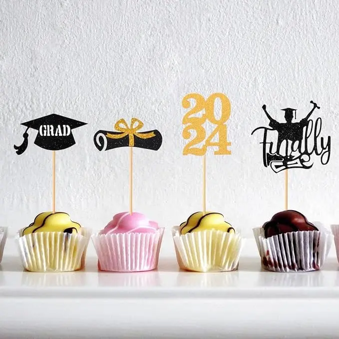 2024 Graduation Cupcake Toppers, 80PCS Glitter Congrats Graduation Grad Cake Topper, Class of 2024 Graduation Cap Diploma Cupcake Picks, 2024 Graduation Party Cake Decorations Supplies, Black&Gold