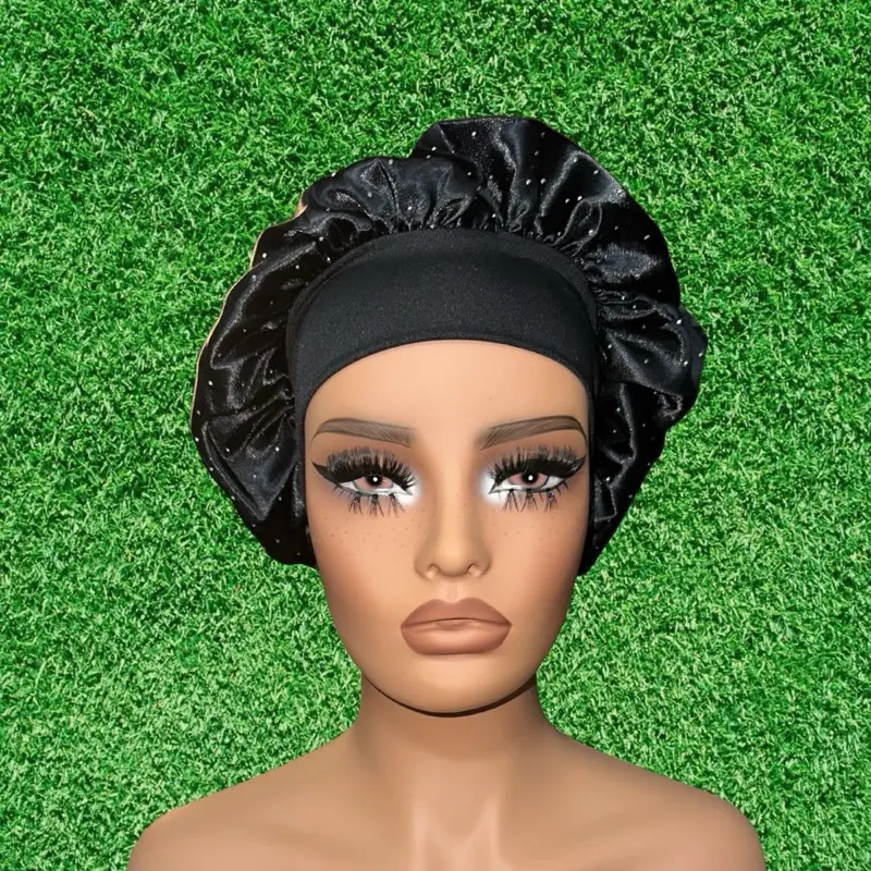 Sparkle Bonnet - Black Stretchy Breathable Satin Silk Cap Bonnet with Rhinestones One Size Fits All Washable