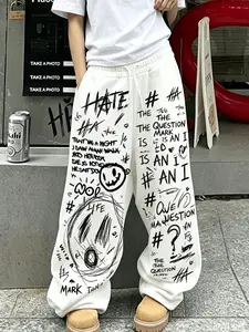 Men's Straight Leg Long Pants, Fashion Street Style, Creative Graffiti Emoji Font Print, Trendy Versatile Long Sweatpants
