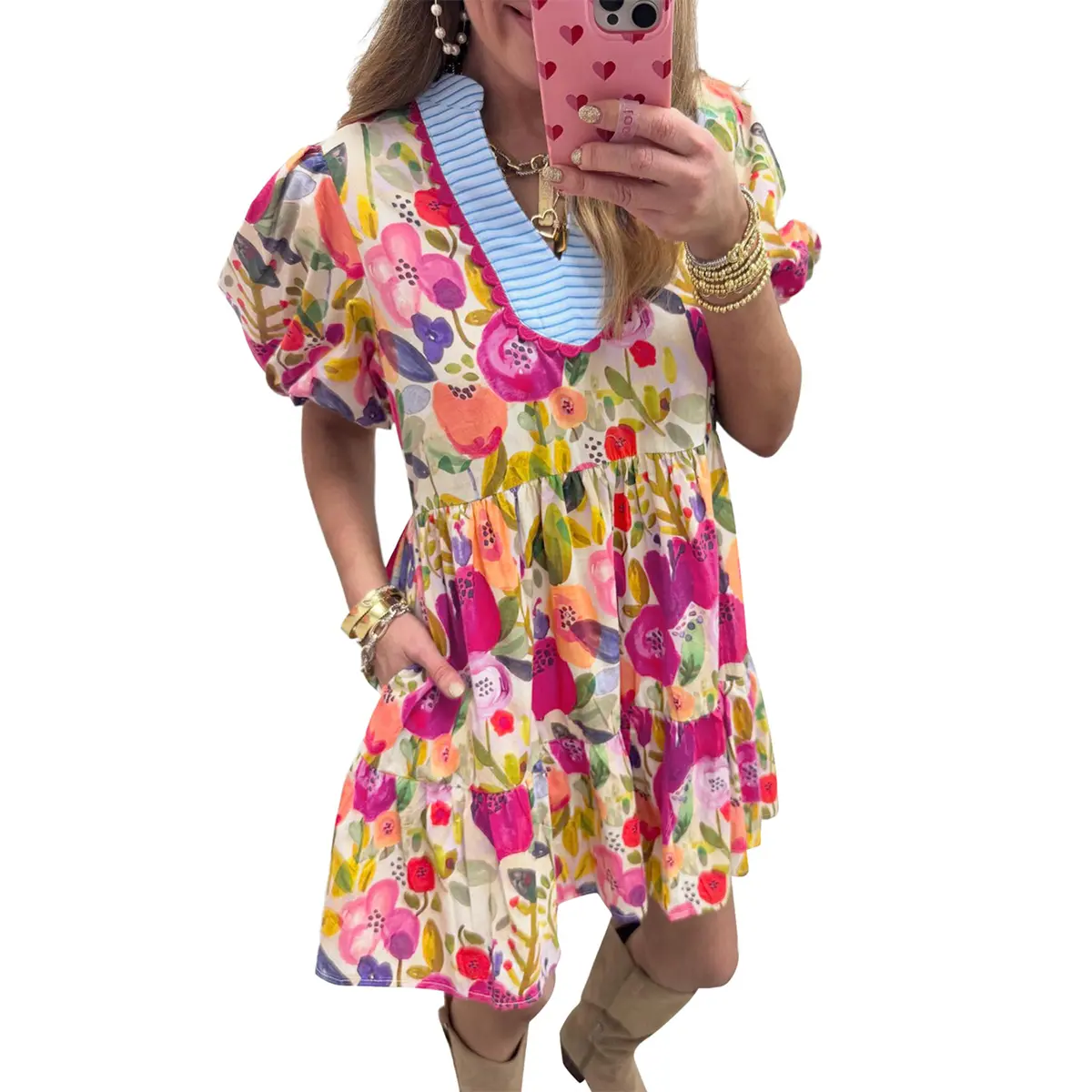Mntaor Women's Rose Bright Floral Print Ricrac Trim Striped Patchwork V Neck Dress Cute Puff Sleeve Color Block Design for Summer Parties Beach Vacations & Date Nights Casual Womenswear